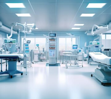 Interior of modern emergency room with empty nurses station, Generative AI